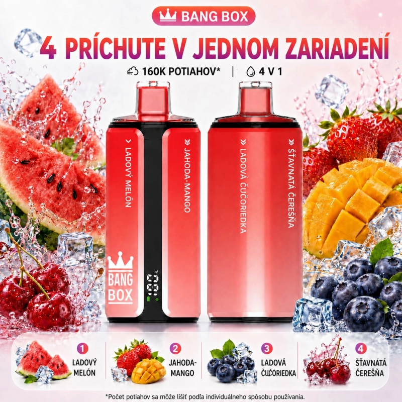 Bang Box 4 v 1 – kombinácia príchutí Ľadový vodný melón, Jahoda-mango, Čučoriedka, Perlivá čerešňa