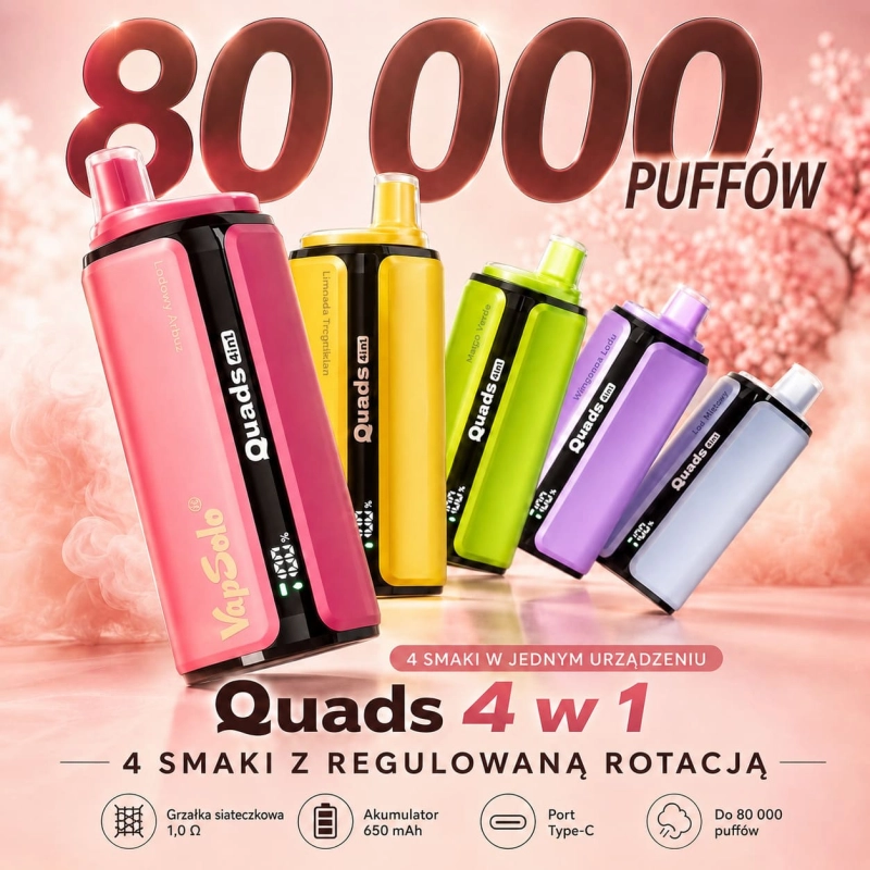 Vapsolo Quads 80K 4 w 1 jednorazowy e-papieros – 80 000 puffów, wyświetlacz LED, bateria 650 mAh, USB-C