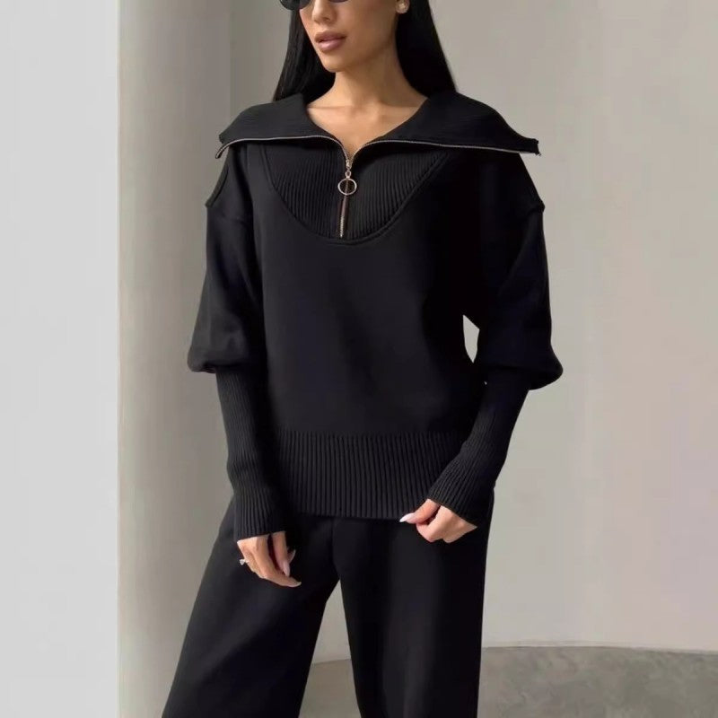 Conjunto de 2 peças de roupa desportiva casual para mulher – top com meio fecho e lapela e jogger a condizer