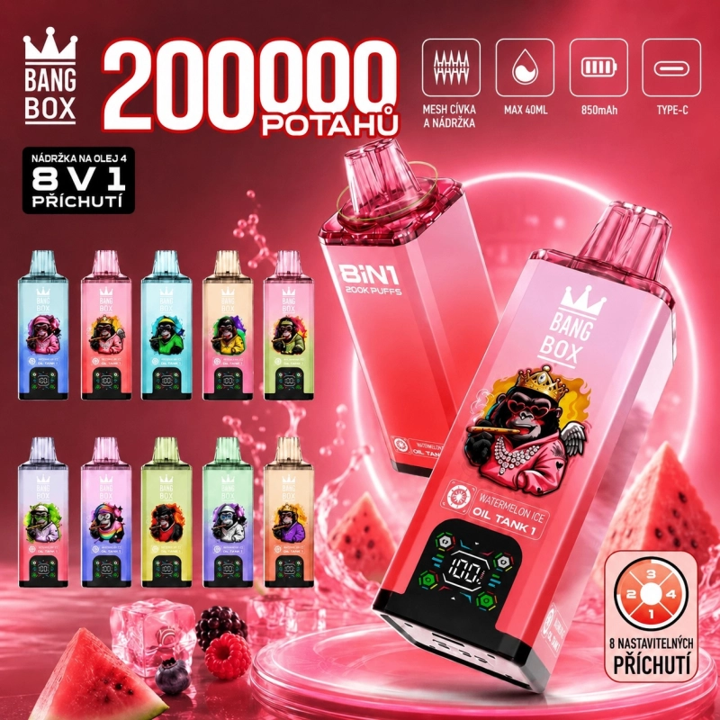 Bang Box BIN1 200000 potahů jednorázová elektronická cigareta, Melounový led