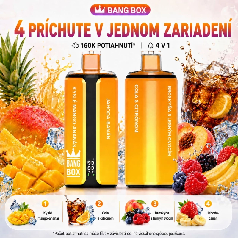 Bang Box 4 v 1 – kombinácia príchutí Kyslé mango-ananás, Cola s citrónom, Broskyňový mix, Jahoda-banán