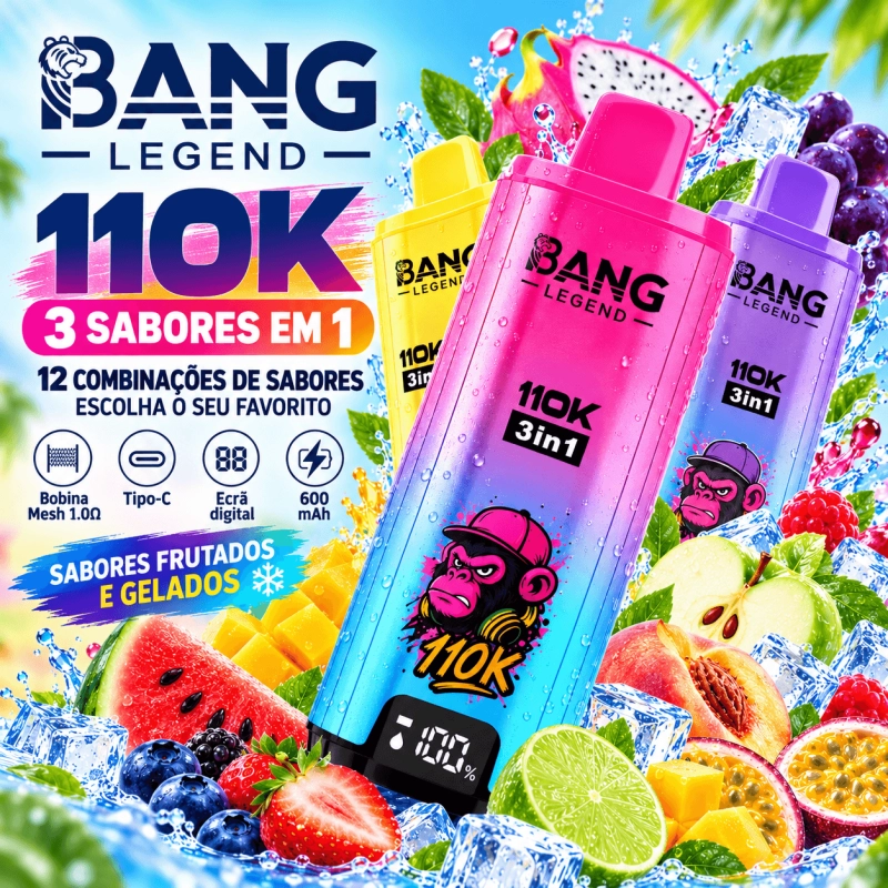 Vape descartável Bang Legend 110K Puffs 3 em 1 recarregável com 12 sabores e ecrã LED, envio rápido em Portugal