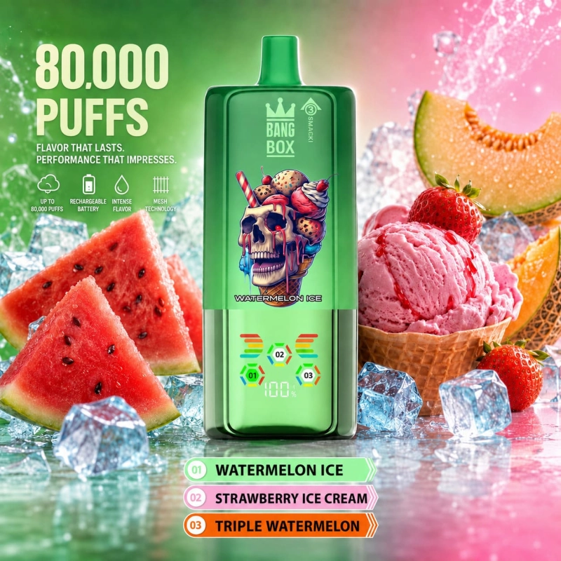 BangBox 80K 3-in-1 disposable vape with Watermelon Ice, Strawberry Ice and Triple Melon flavors