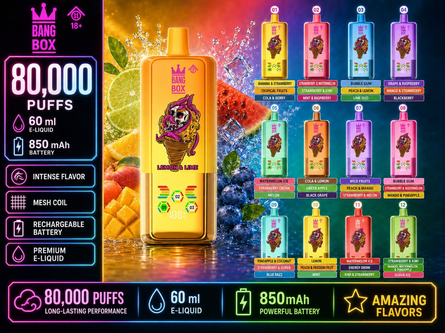 BangBox 80K 3-in-1 vape collection with 12 flavor combinations, Mesh Coil, 850 mAh battery and USB-C charging
