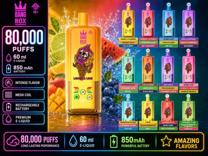 BangBox 80K 3-in-1 disposable vape with Lemon Lime, Mango Peach Watermelon and Blueberry Ice flavors
