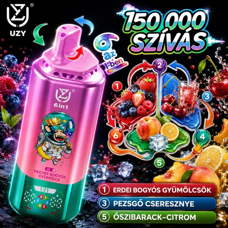 Erdei bogyós gyümölcs, csillagcseresznye és őszibarack–citrom ízű 6 az 1-ben vape