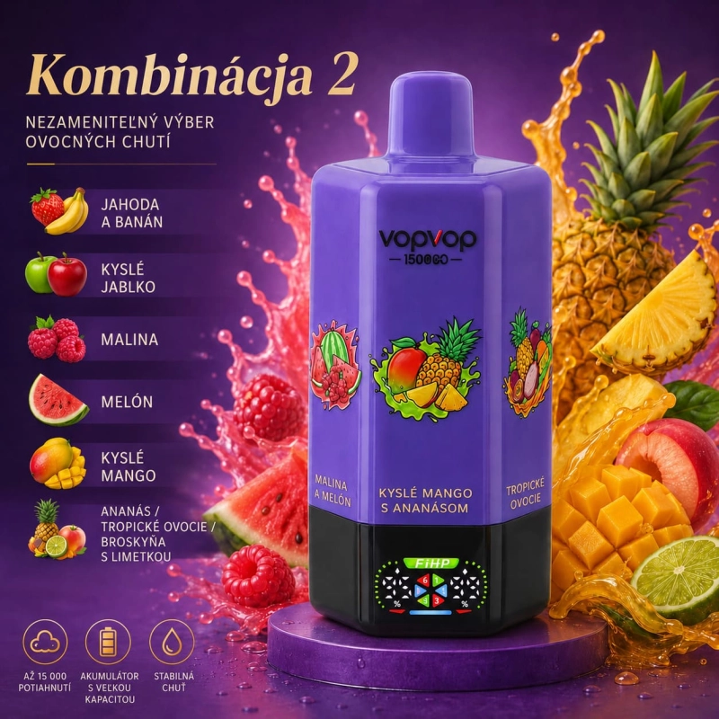 VOPVOP 150K 6 v 1 Kombinácia 2 – jahoda s banánom, dvojité jablko, malina, melón, kyslé mango a tropická broskyňa s ananásom a limetkou