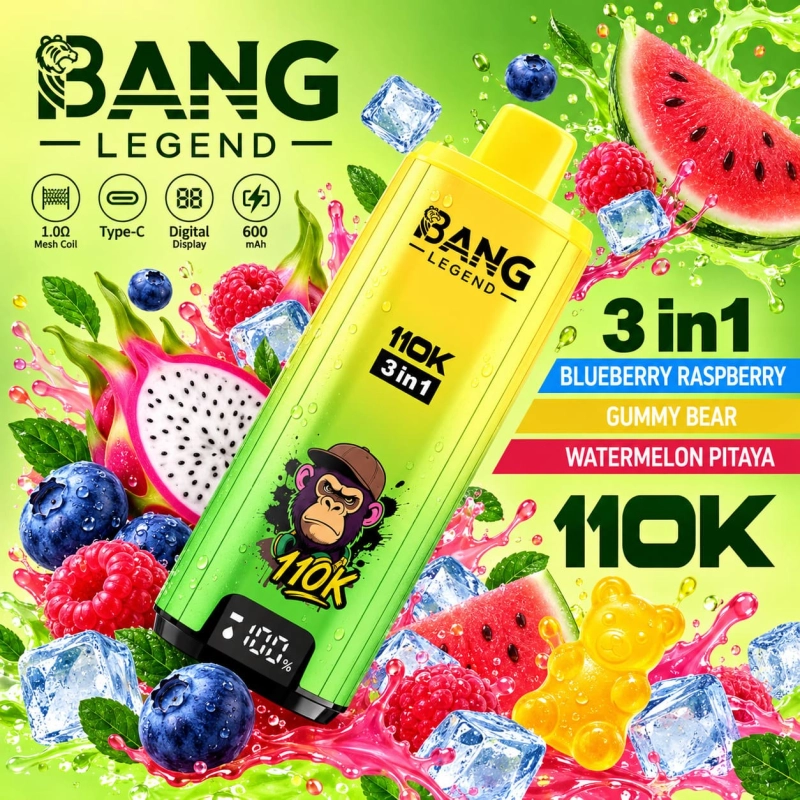 Vape descartável 110K com mirtilo e framboesa, ursinhos de goma e melancia com pitaya