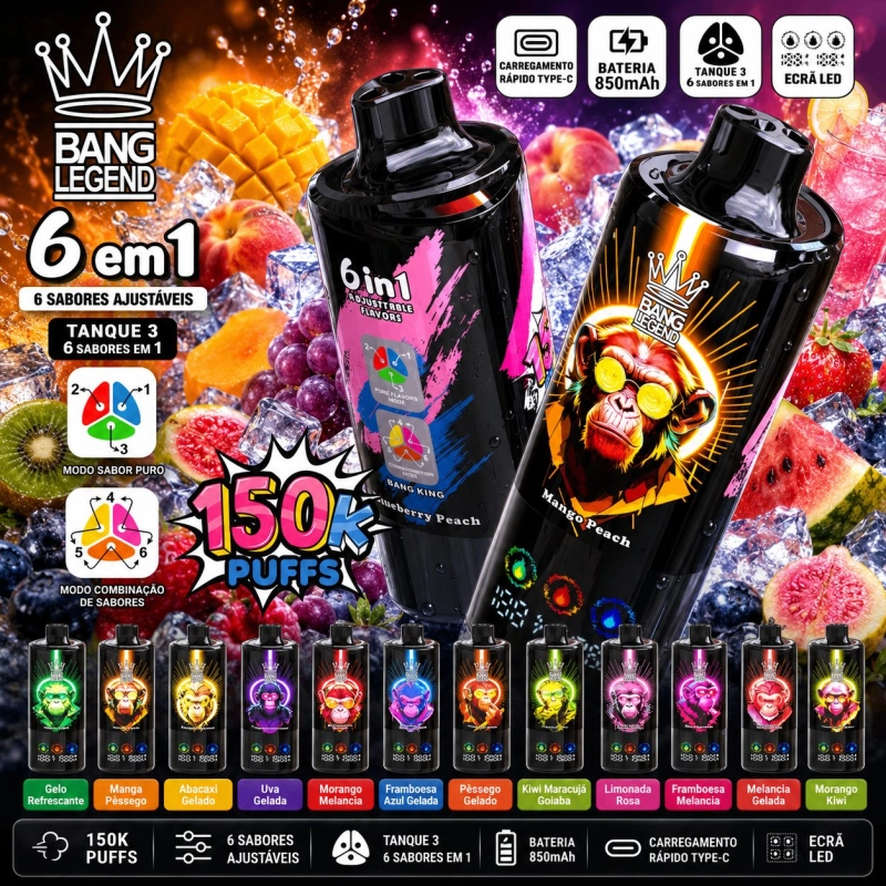 Bang Legend 6 em 1 150000 Puffs Vape Descartável, Sabores Variados