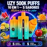 UZY 500K Penta Flavor 10 em 1, dispositivo vape amarelo e azul-turquesa com seleção de sabores por rotação do bocal.