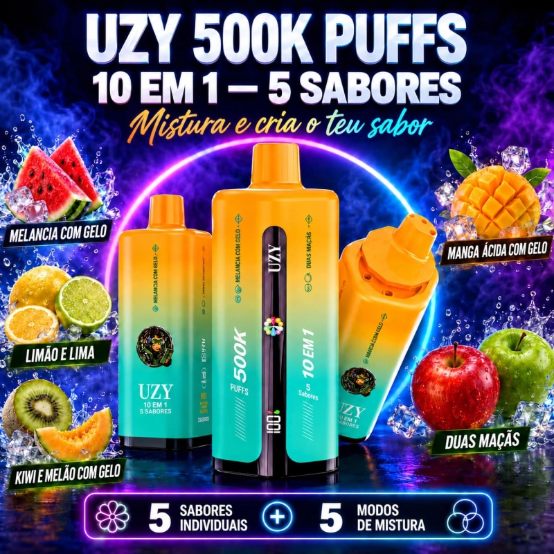 UZY 500K Penta Flavor 10 em 1, dispositivo vape amarelo e azul-turquesa com seleção de sabores por rotação do bocal.