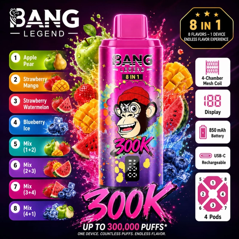Bang Legend 300K 8-in-1 vape with Apple Pear, Strawberry Mango, Strawberry Watermelon and Blueberry Ice