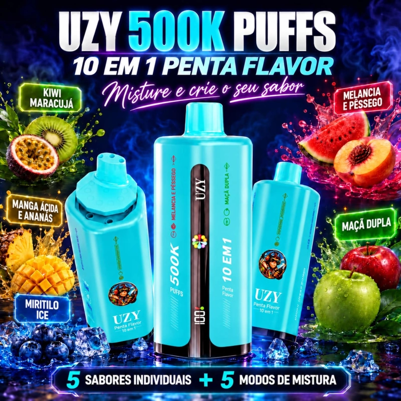 UZY 500K Penta Flavor 10 em 1, dispositivo vape azul-turquesa com sistema de seleção de dez opções de sabor.