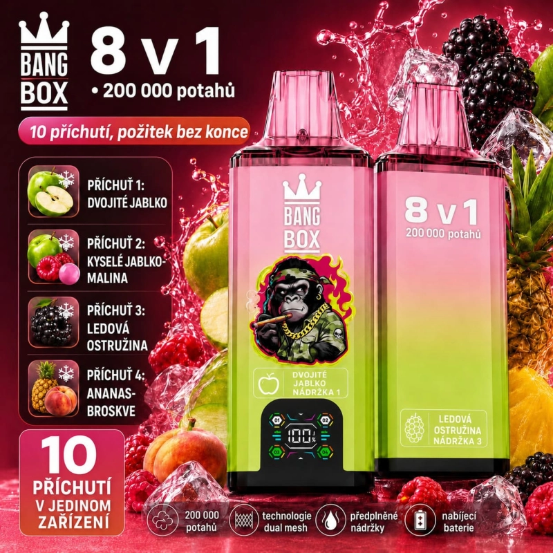 Bang Box 200K 8 v 1 Jablečno ovocný mix – Double Apple, kyselé jablko, malina, ananas a broskev