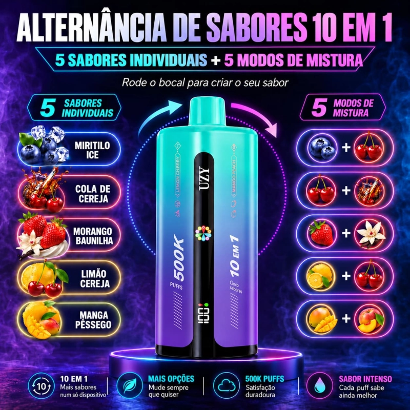 UZY Penta Flavor 500K com mirtilo gelado, cola de cereja, morango e baunilha, limão e cereja, manga e pêssego.