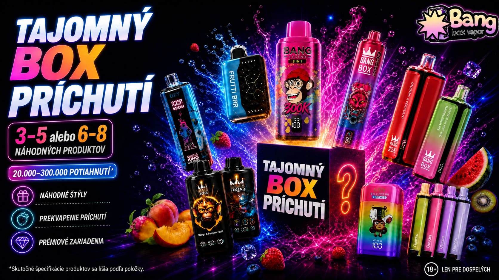 Tajomný box Bangbox-Vapor s 3–5 alebo 6–8 náhodnými produktmi, prekvapivými príchuťami a približne 20 000 až 300 000 potiahnutiami