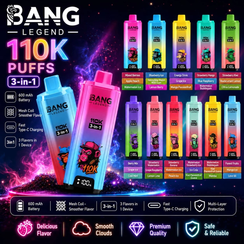 Bang Legend 110K 3-in-1 disposable vape with digital display, Mesh Coil and USB Type-C charging