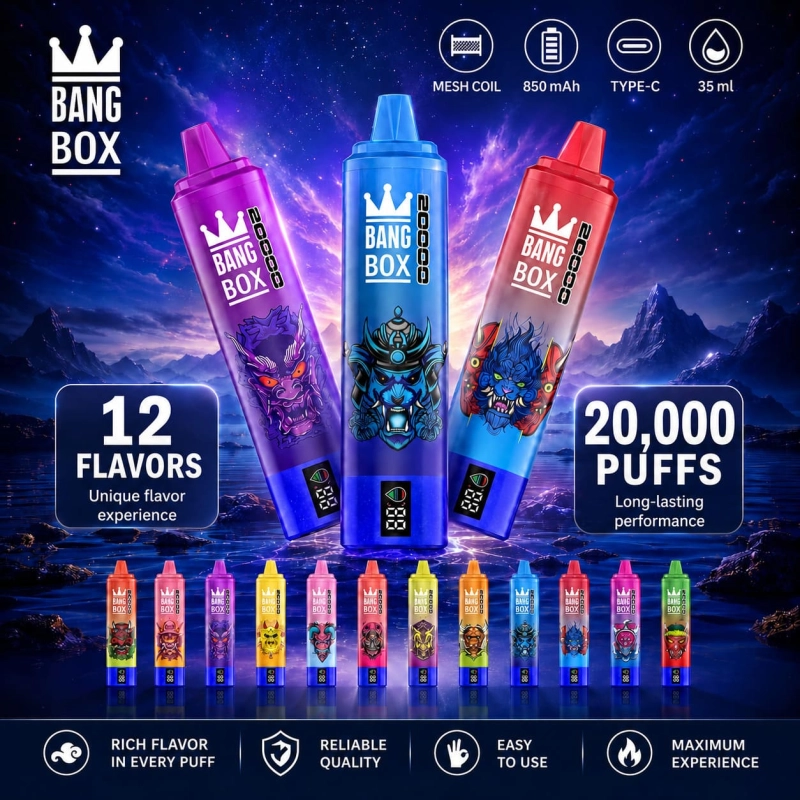 Bang Box 20000 Puffs rechargeable vape with 12 flavor options, Mesh Coil, digital display, USB-C charging and 850 mAh battery
