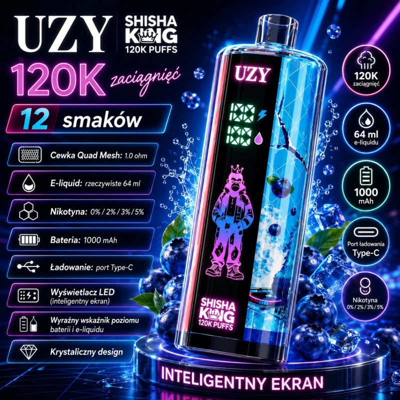 UZY Shisha King 120000 zaciągnięć E-papieros jednorazowy, Niebieski jagodowy