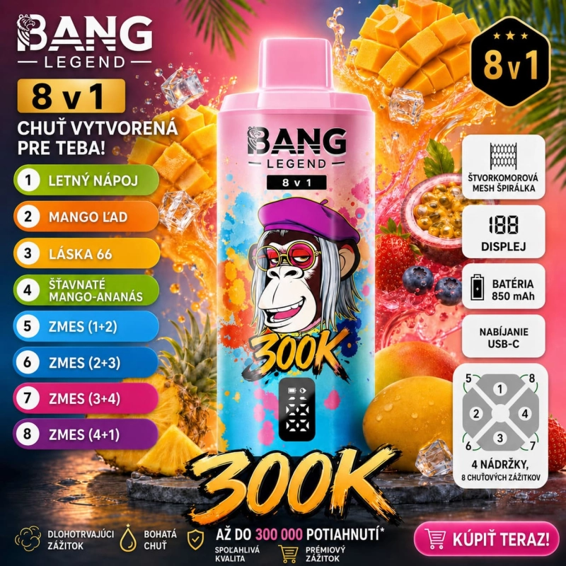 Bang Legend 300K 8v1 príchuť Summer Mango Mix – mango, ananás, kyslé ovocie a ľadová chuť vape
