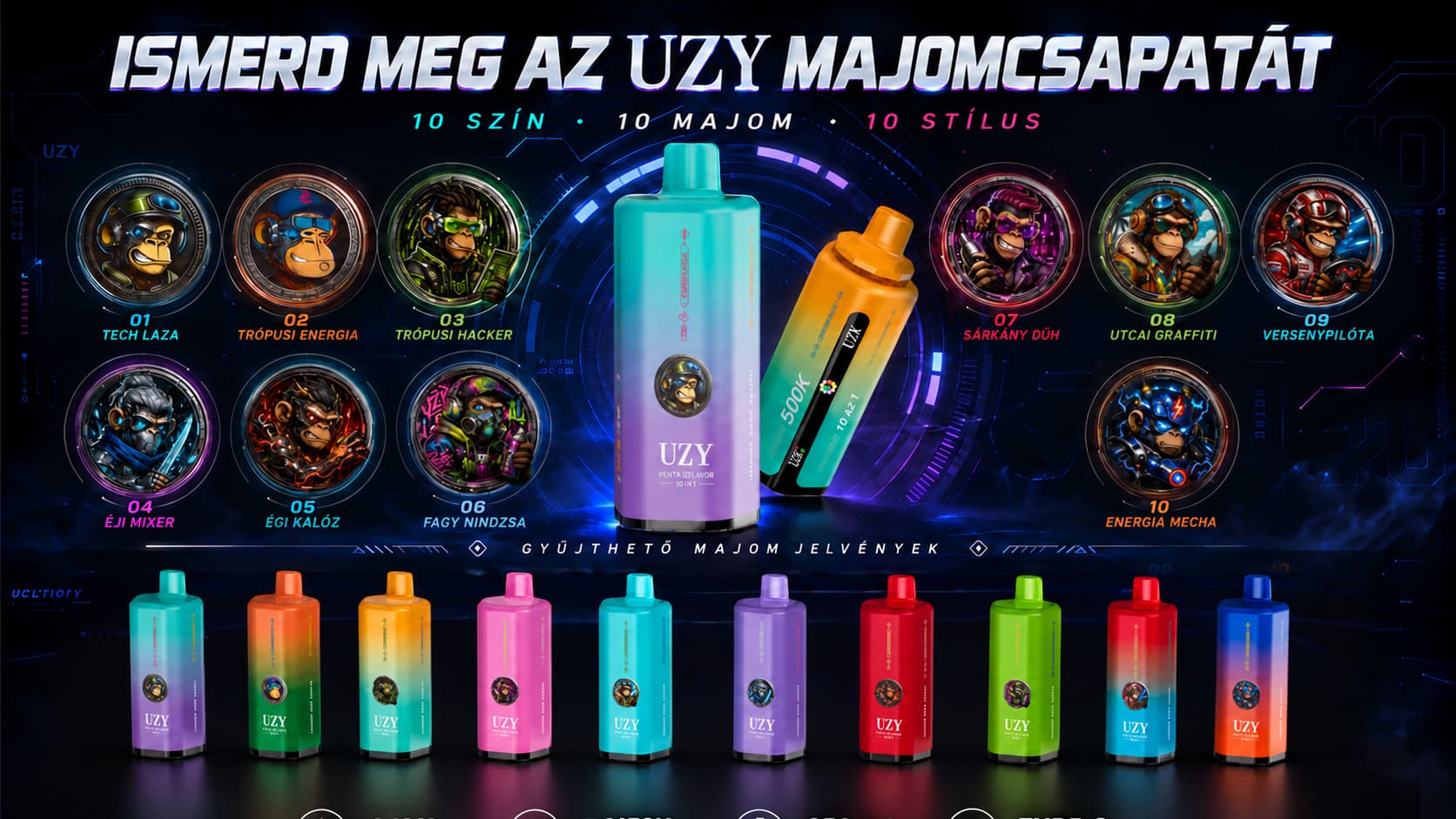 UZY 500K Penta Flavor 10 az 1-ben – 10 színváltozat és egyedi Monkey Crew dizájnok