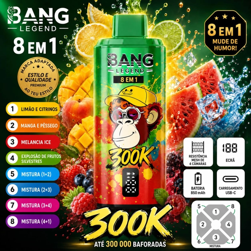 Bang Legend 300K 8 em 1 com Limão, Laranja Ácida, Manga com Pêssego, Melancia Ice e Frutos Silvestres Gelados