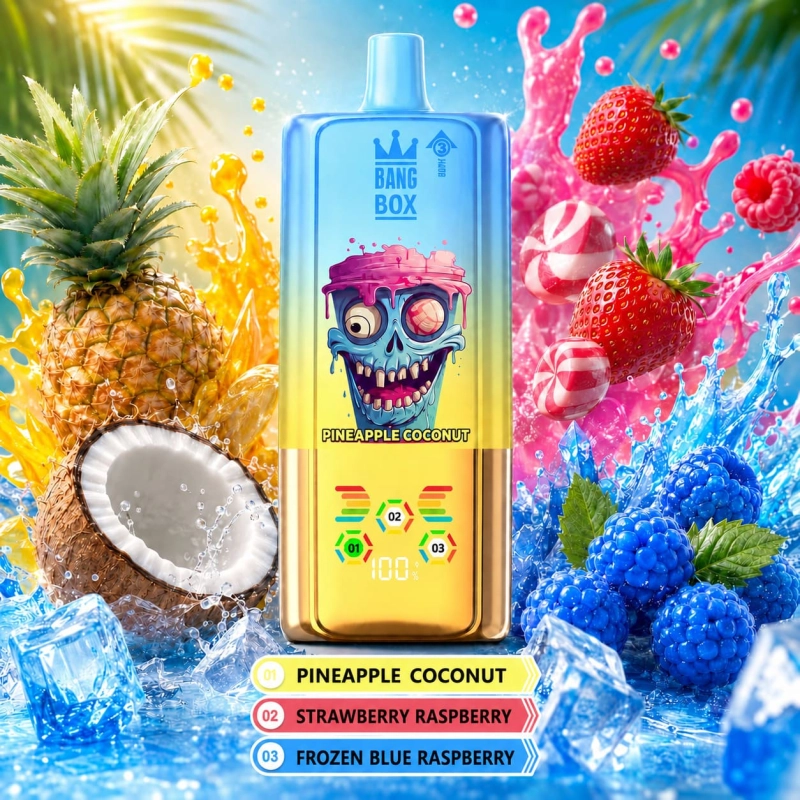 BangBox 80K 3-in-1 disposable vape with Pineapple Coconut, Strawberry Ice and Blue Raspberry Ice flavors