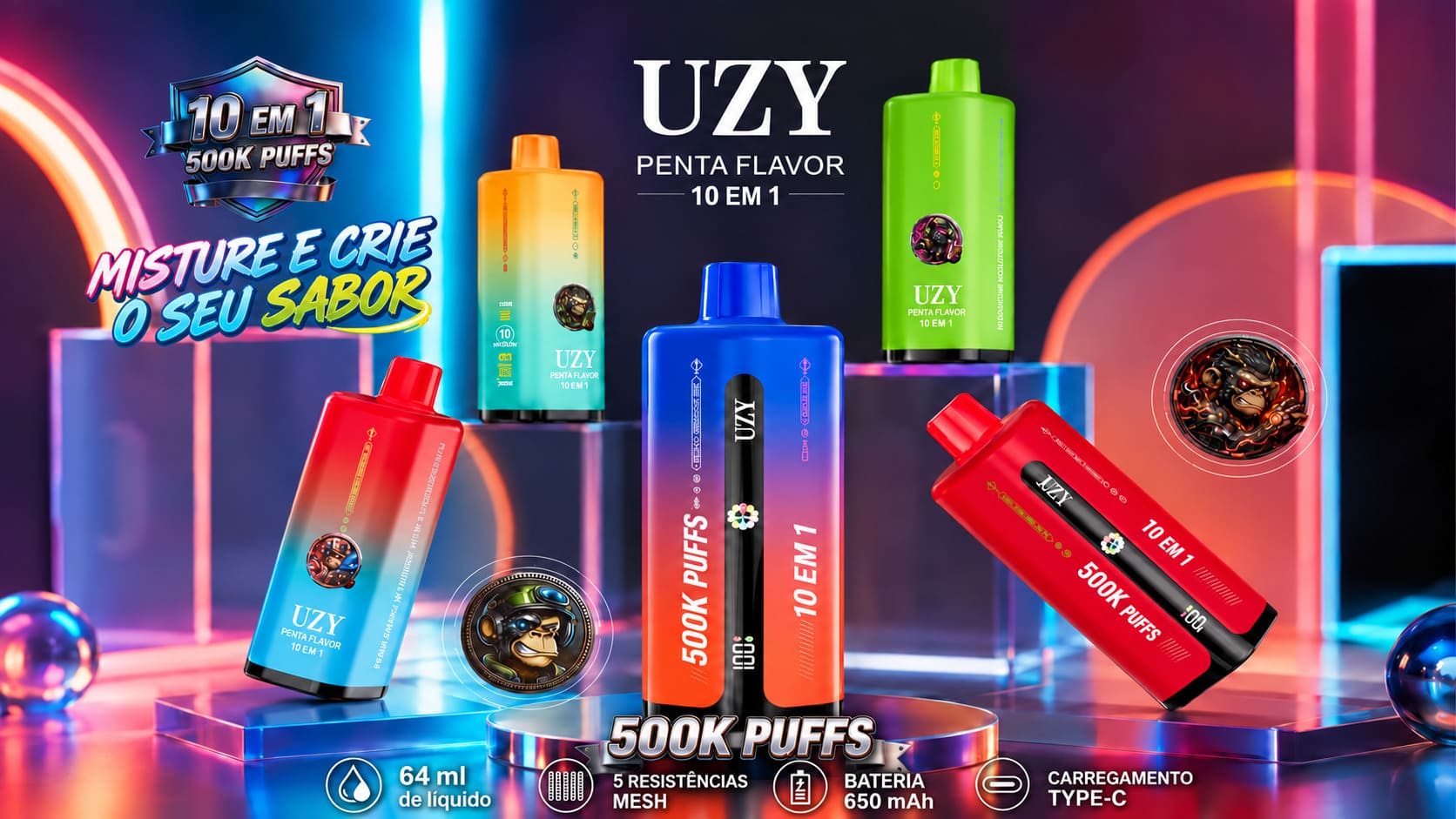 UZY 500K Penta Flavor 10 em 1, cigarros eletrónicos em várias cores, com ecrã digital, cinco resistências mesh e carregamento USB-C.