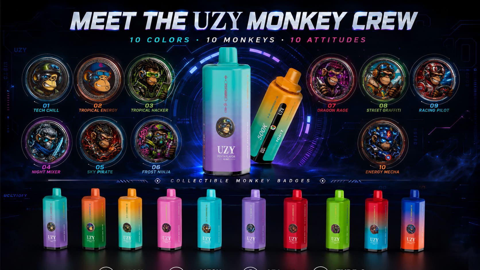 UZY 500K rechargeable vape features including 10 flavor modes, digital display, adjustable airflow and Type-C charging