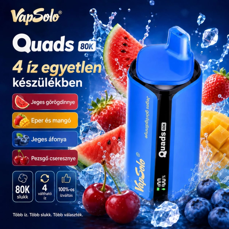 Vapsolo Quads 80K 4 az 1-ben eldobható vape – jeges görögdinnye, eper-mangó, jeges áfonya és pezsgő cseresznye ízek