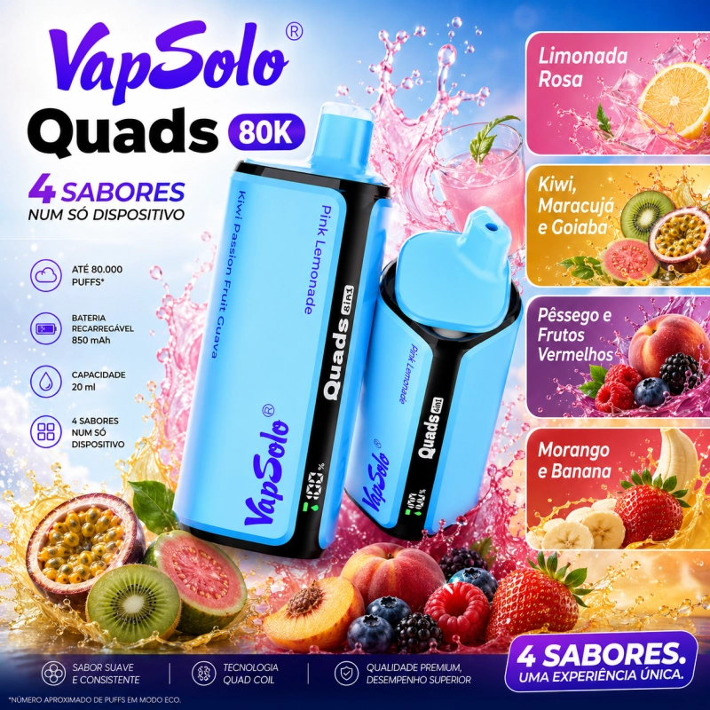 VapSolo Quads 80.000 Puffs vape sabores limonada rosa, kiwi maracujá goiaba, pêssego berry e morango banana