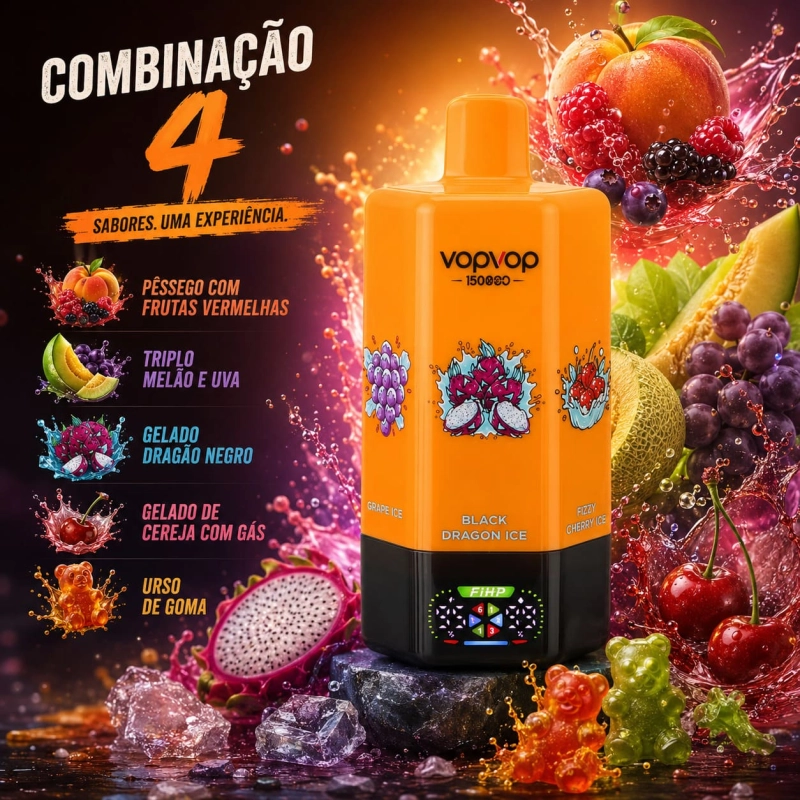 VOPVOP 150 000 Puffs Combinação 4 vape descartável 6 em 1 com Pêssego com Frutas Vermelhas, Triplo Melão e Uva, Gelado Dragão Negro, Gelado de Cereja com Gás e Urso de Goma