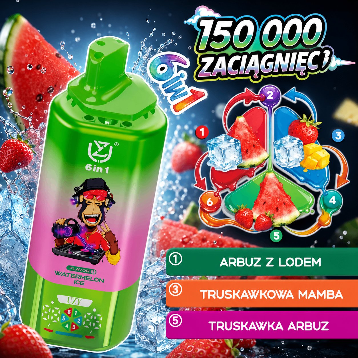 UZY 150K Watermelon Ice Strawberry Mamba 6in1 smak arbuzowy
