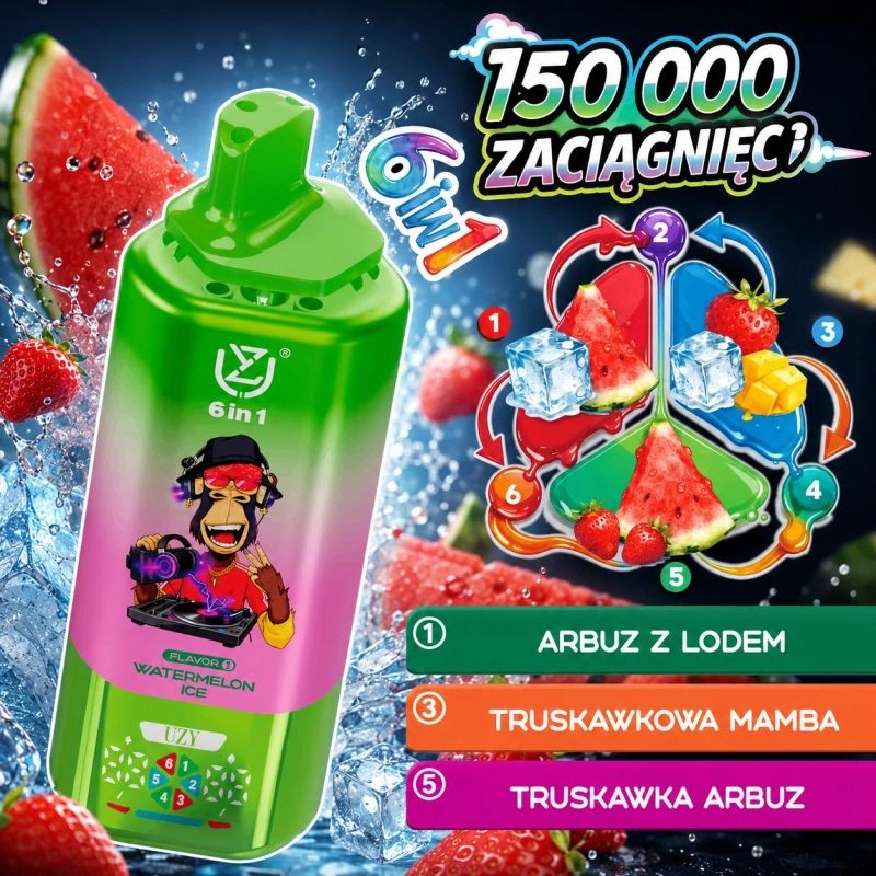 UZY 6 in 1 150000 zaciągnięć Jednorazowy e-papieros, Arbuz z lodem