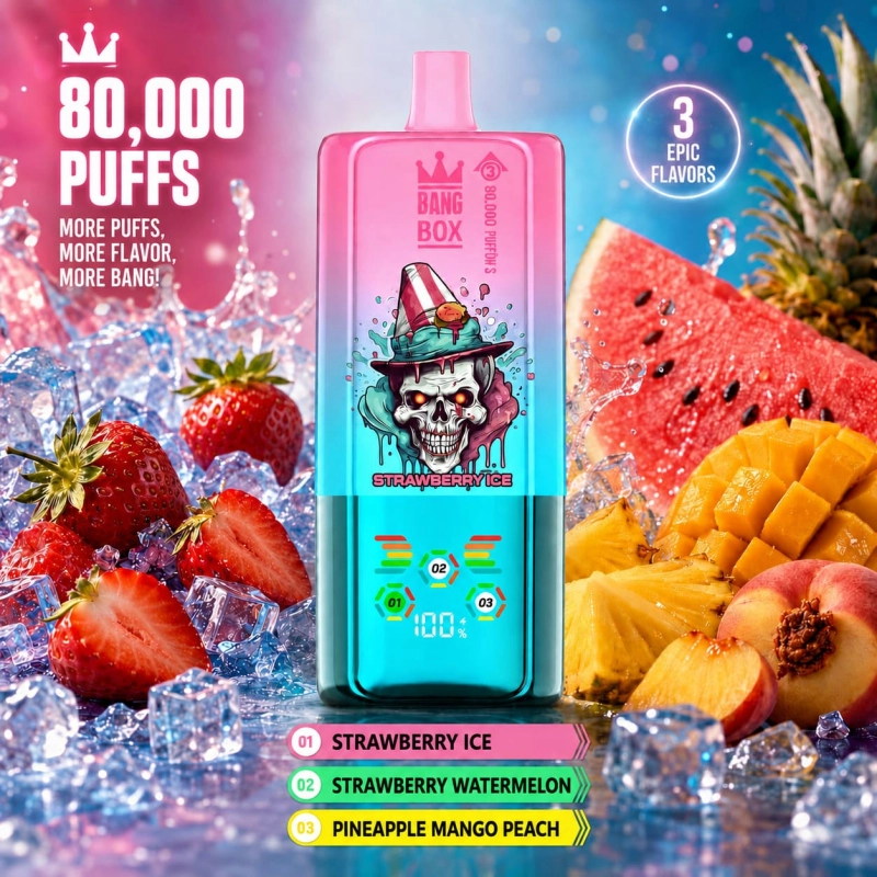 BangBox 80K 3-in-1 disposable vape with Strawberry Ice, Strawberry Watermelon and Pineapple Mango Peach flavors