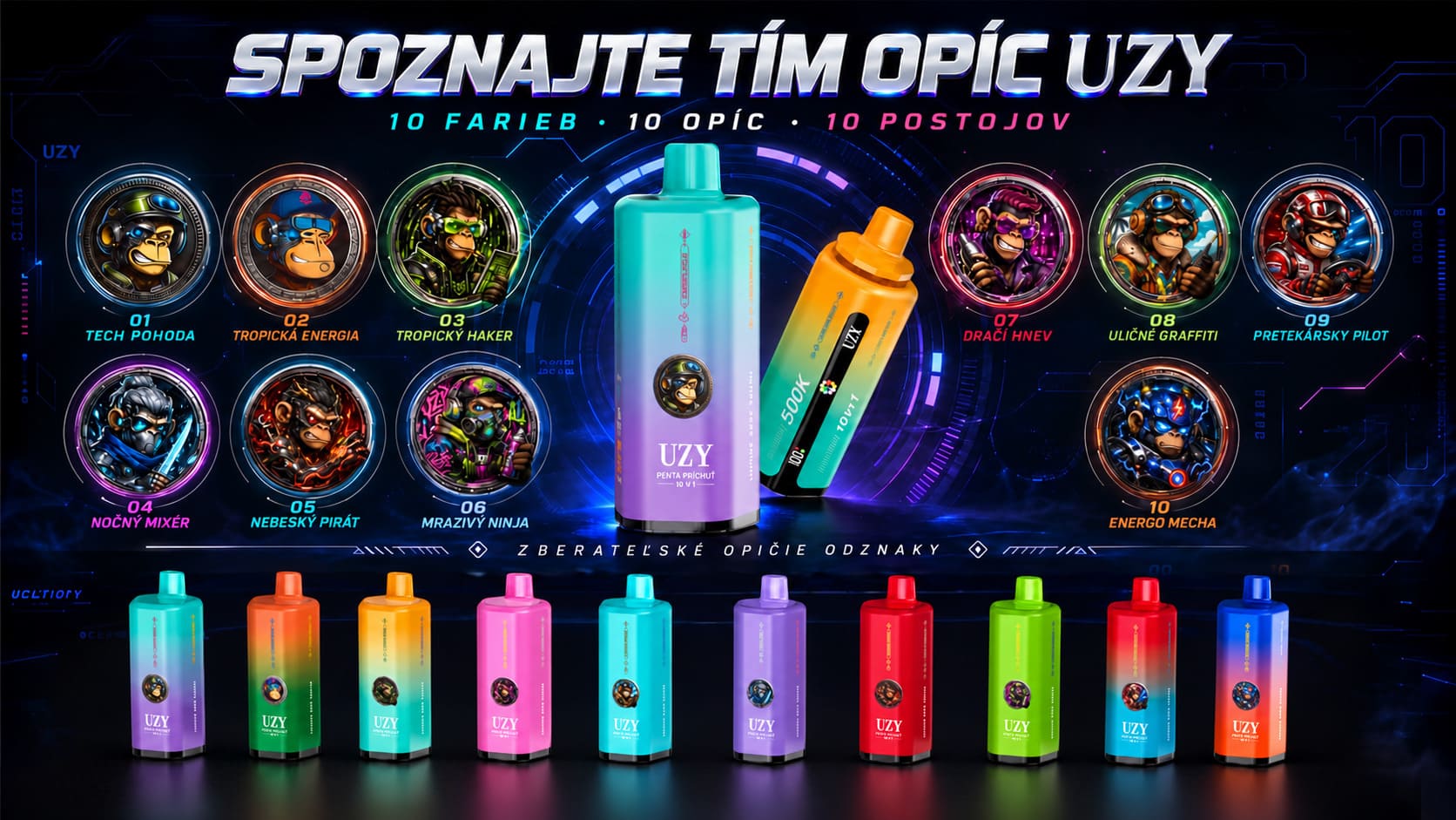 UZY 500K Penta Flavor 10 v 1 – otočný náustok, 10 režimov príchutí a prehľad všetkých farebných variantov