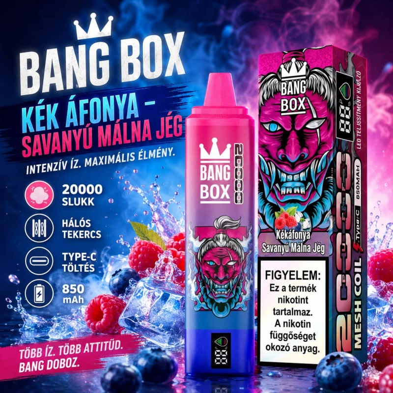 Bang Box 20 000 slukkos eldobható vape áfonyás-savanyú málnafagylalt ízben, Type-C újratölthető