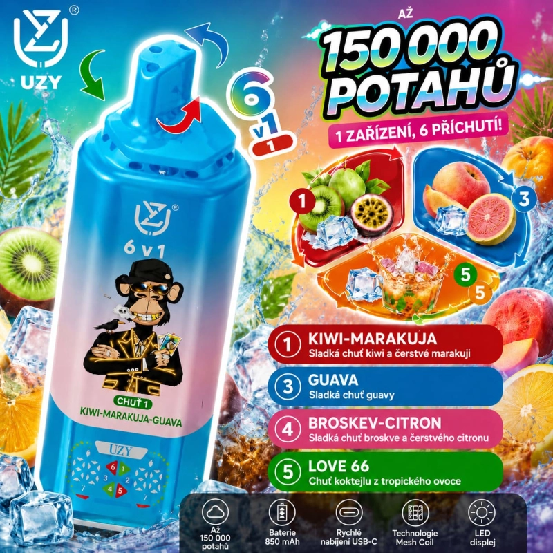 UZY 150K 6v1 jednorázová e-cigareta – Kiwi, marakuja a guava, Broskev s citronem, Love 66