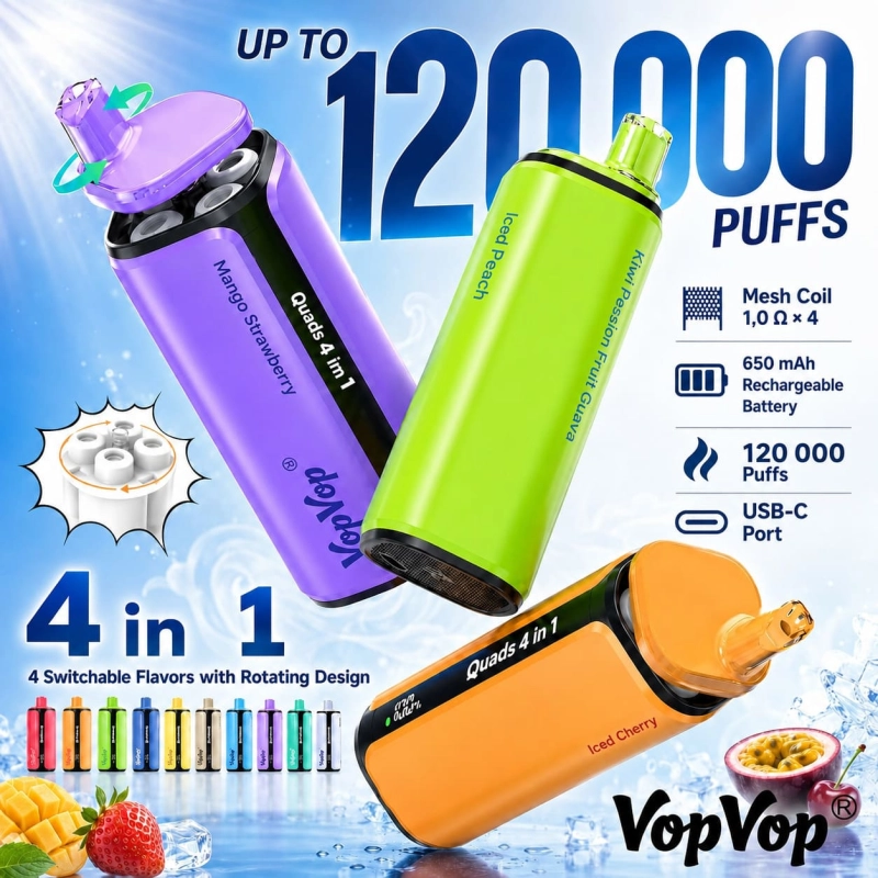 VOPVOP Quads 120K 4-in-1 Vape With 120,000 Puffs, Rechargeable Battery, LED Display And 4 Flavors In One Device