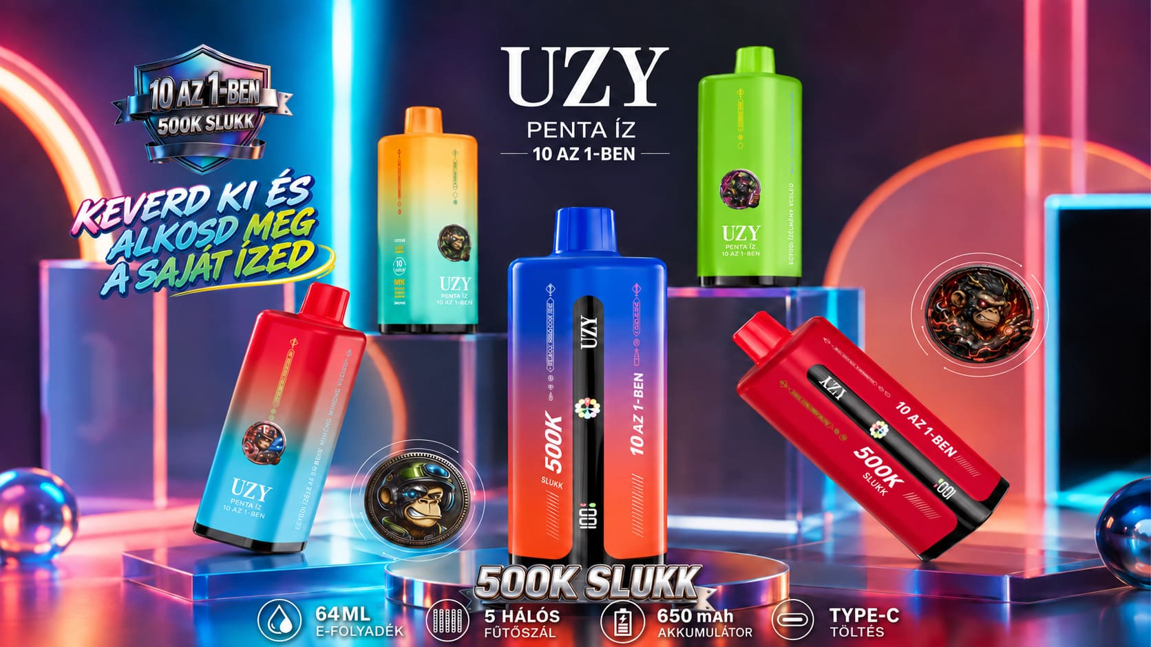 UZY 500K Penta Flavor 10 az 1-ben készülék – több szín, 5 mesh tekercs, Type-C töltés és digitális kijelző