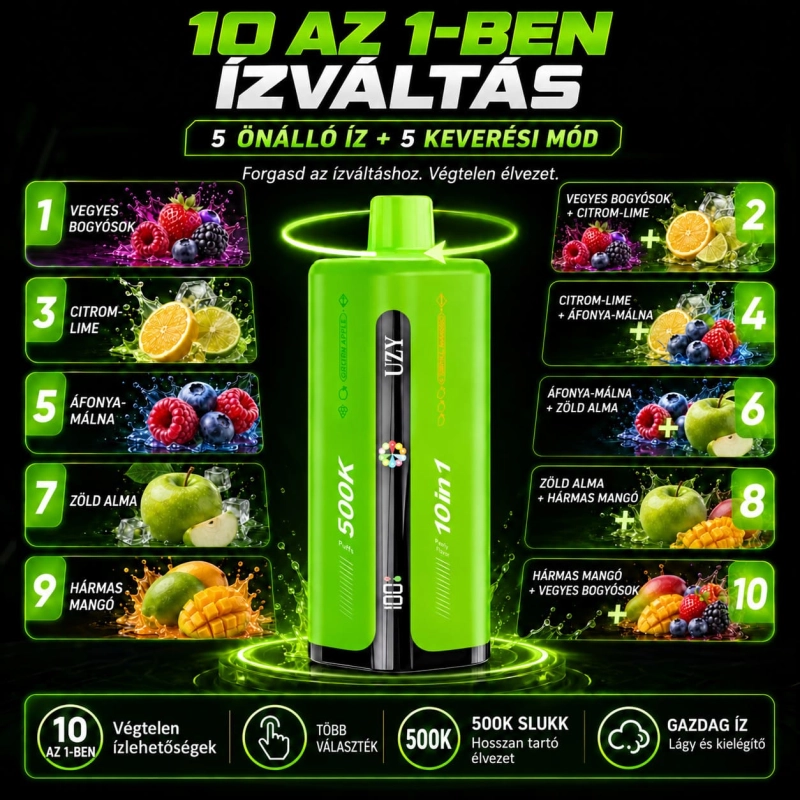 UZY 500K vape 5 gyümölcsös ízzel – bogyós mix, citrom-lime, áfonya-málna, zöld alma és mangó