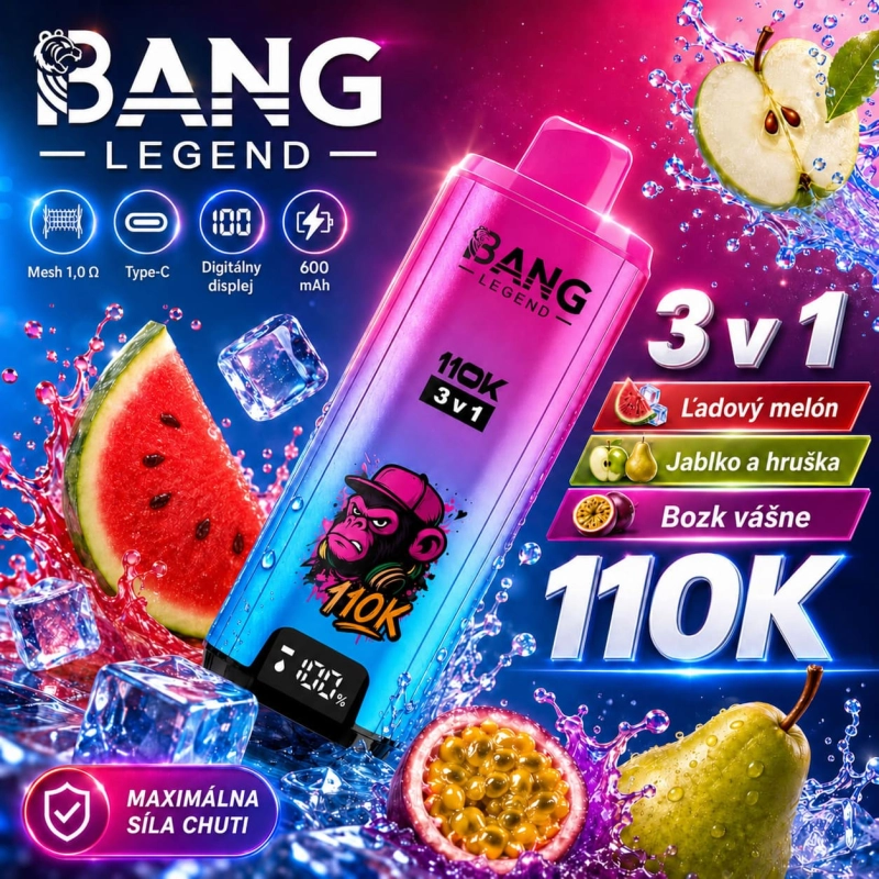 Bang Legend 110K Jednorazový Vape 3 v 1 Ľadový melón jablko-hruška vášnivý bozk príchuť