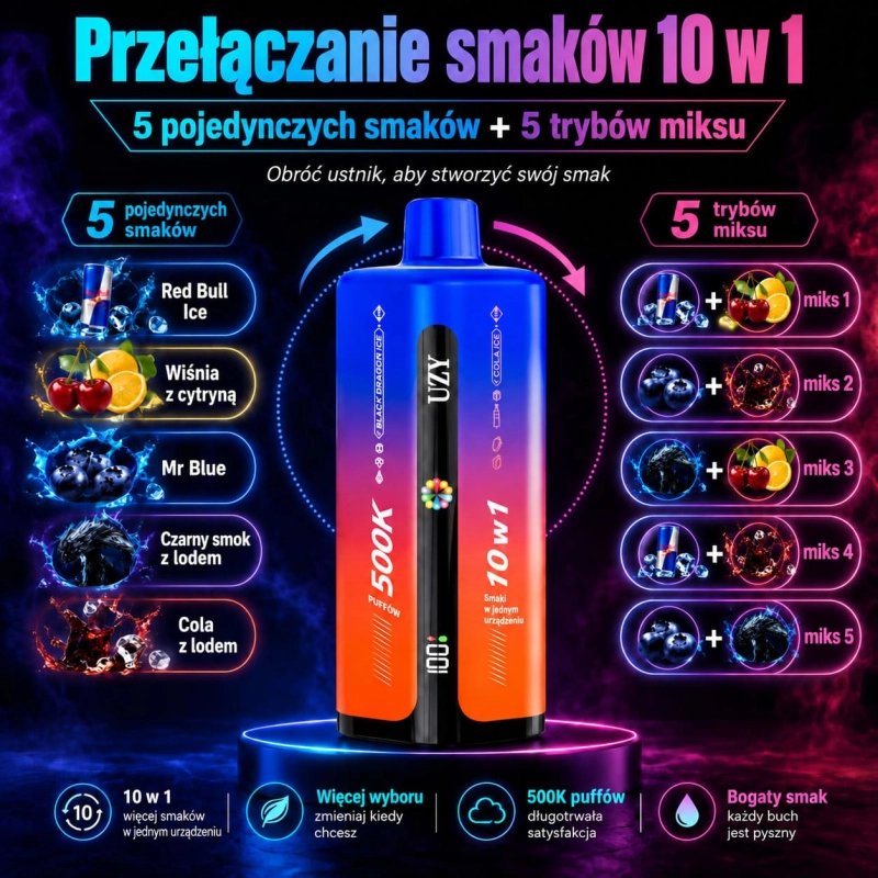 Seria smakowa UZY 500K z Red Bullem, wiśnią i cytryną, Mr Blue, czarnym smokiem oraz colą