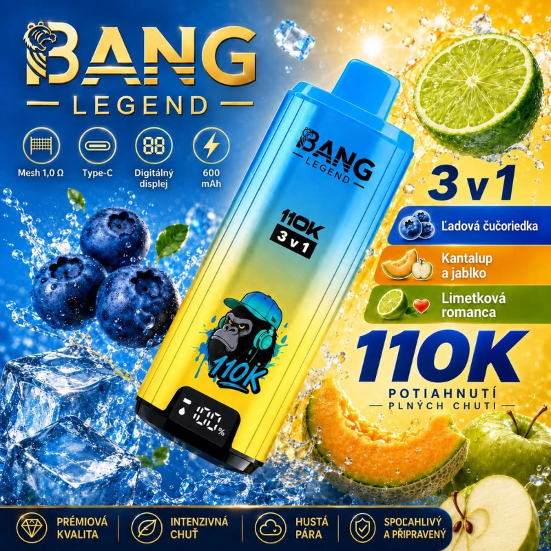 Bang Legend 110K Vape 12 príchutí Ľadová čučoriedka a melón jablková romanca citrón
