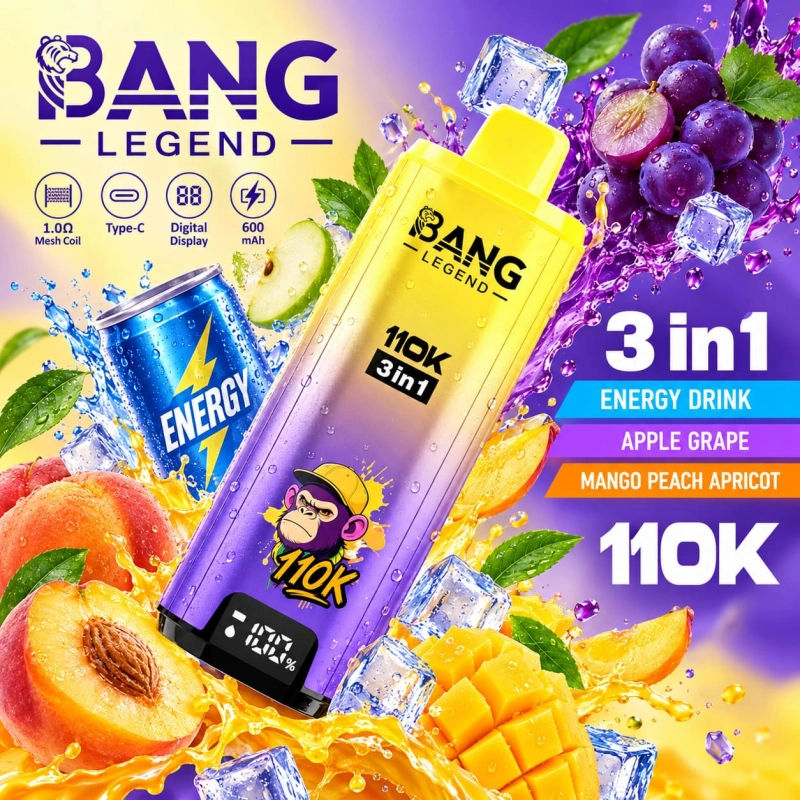 Vape 110K com bebidas energéticas, maçã, uva, manga, pêssego e damasco