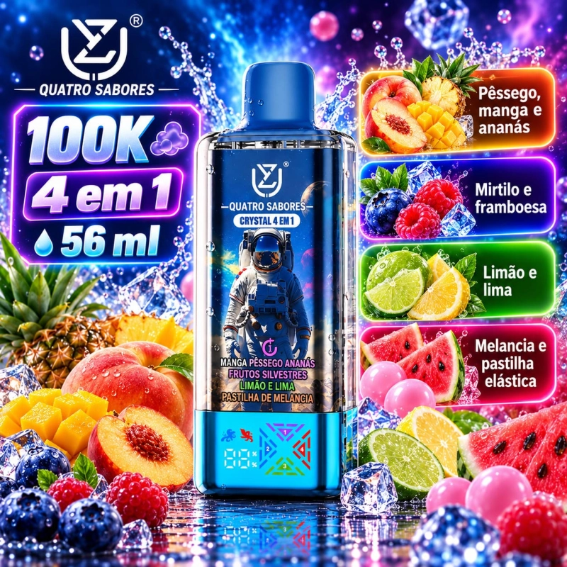 UZY Crystal 100.000 Puffs 4-em-1 vape descartável com sabores morango e manga com Mr. Blue, gelo de pêssego de verão e gelo preto