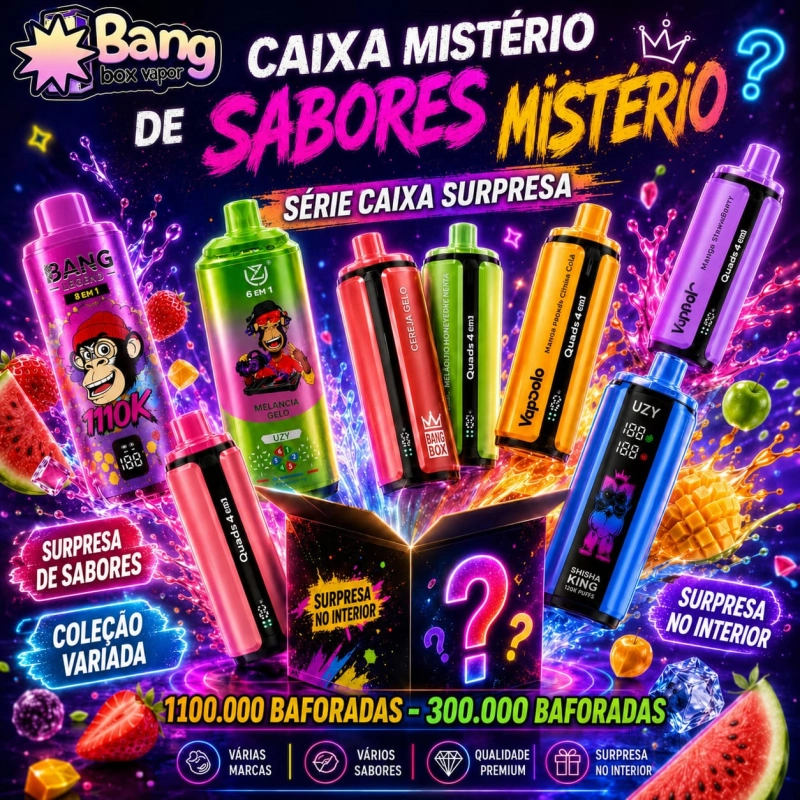 Mystery Box Bangbox-Vapor com seleção aleatória de produtos e sabores entre 110 000 e 300 000 baforadas