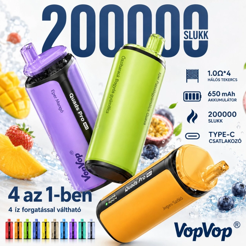 VopVop Quads Pro 4in1 200000 slukkos eldobható vape, többféle gyümölcsös íz