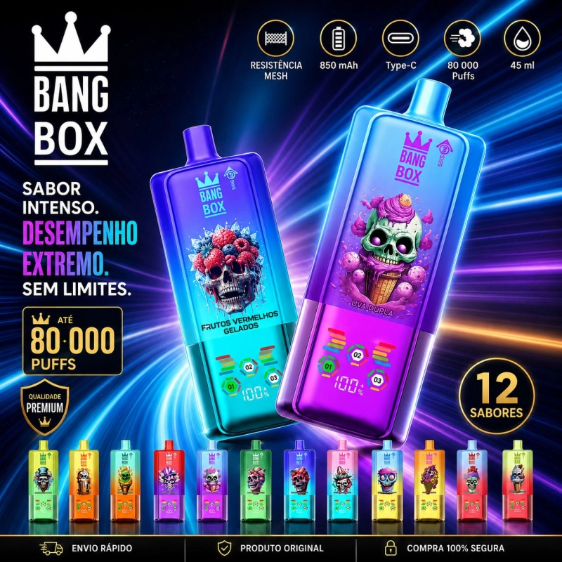 BANGBOX 80.000 puffs vape descartável 3-em-1 recarregável com múltiplos sabores, coleção completa disponível em Portugal