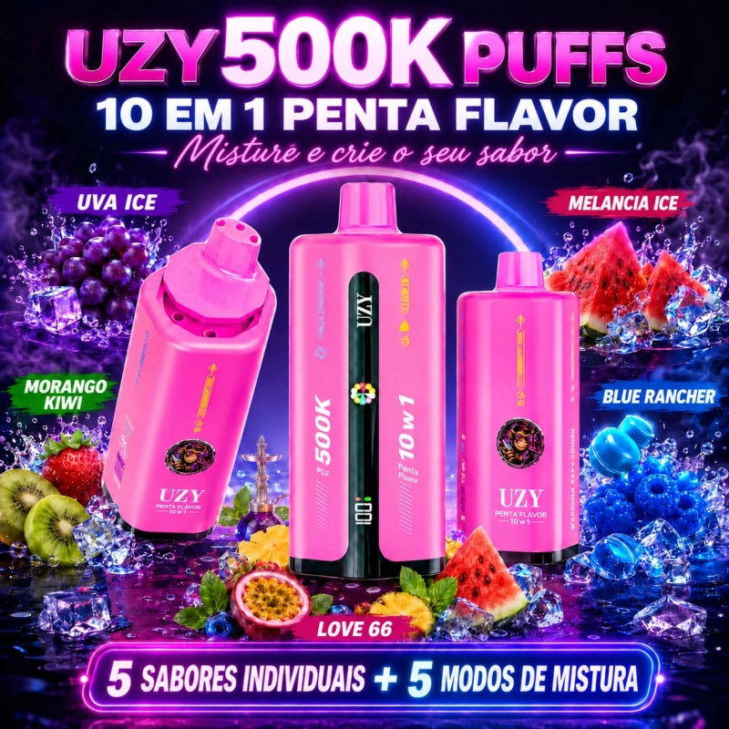UZY 500K Penta Flavor 10 em 1, dispositivo vape rosa com cinco sabores individuais e cinco combinações de sabores.